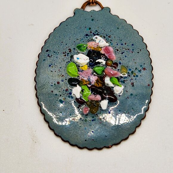 Large Copper Enamel Brooch Pin Bar Medal Medallion Shape w Glass Frit w Box VTG - Picture 3 of 5